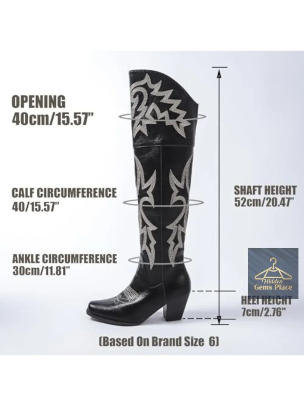 Over-the-Knee Western Cowboy Boots Square Toe PU Leather Embroidered Zipper